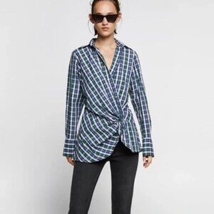 ZARA SZ L Blue & Green Plaid Cross-over 100% Cotton Twist Front Shirt Tunic Top